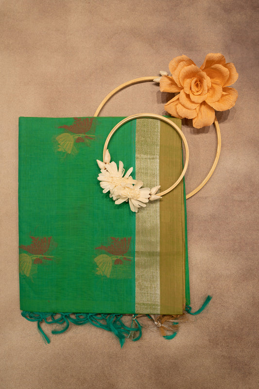 Green cotton saree with golden boarder