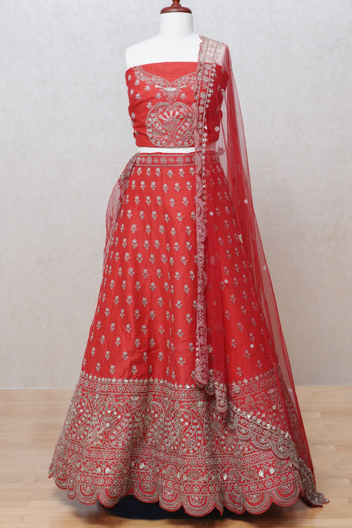 Flame red silk lehenga