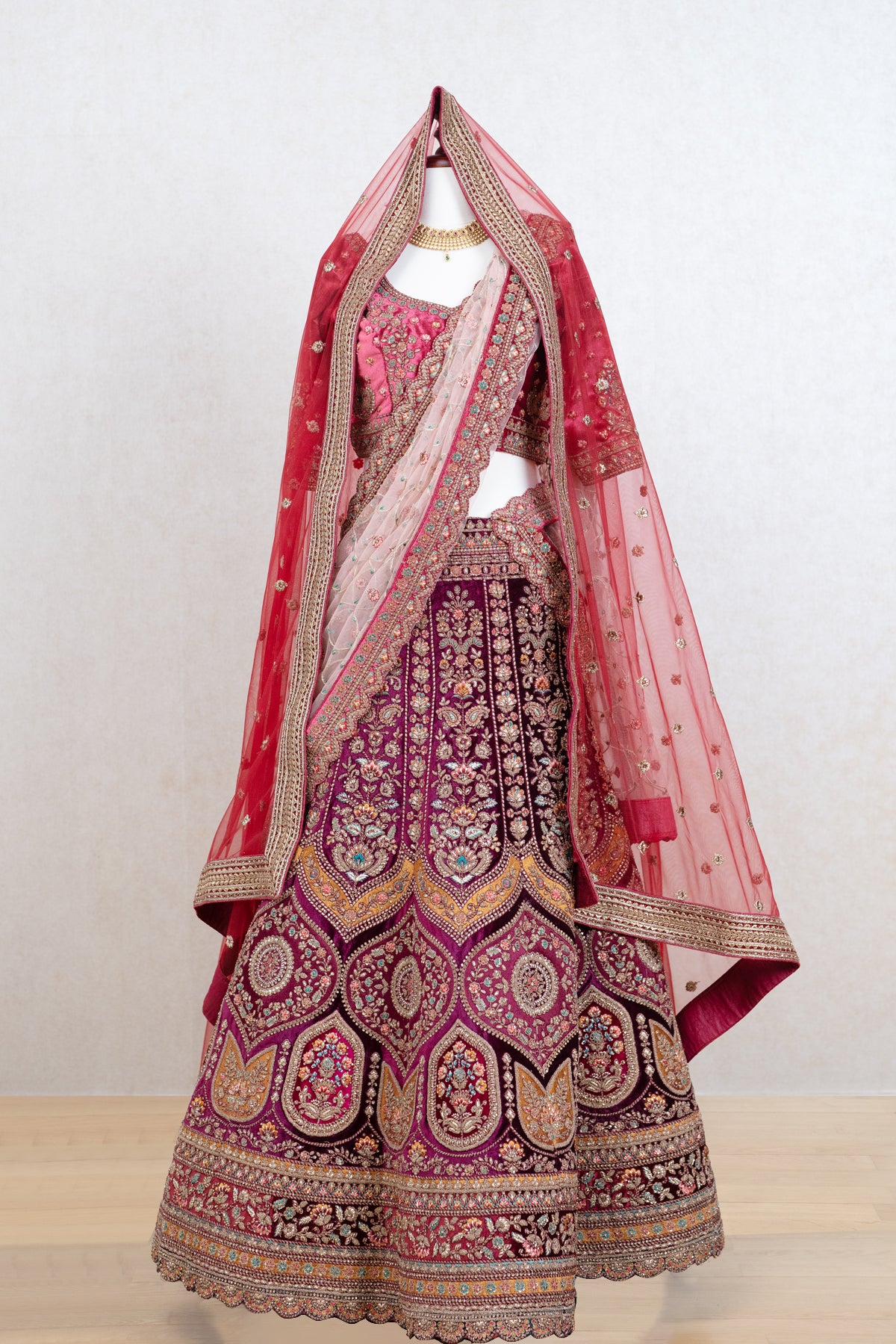 Wine colored micro velvet lehenga