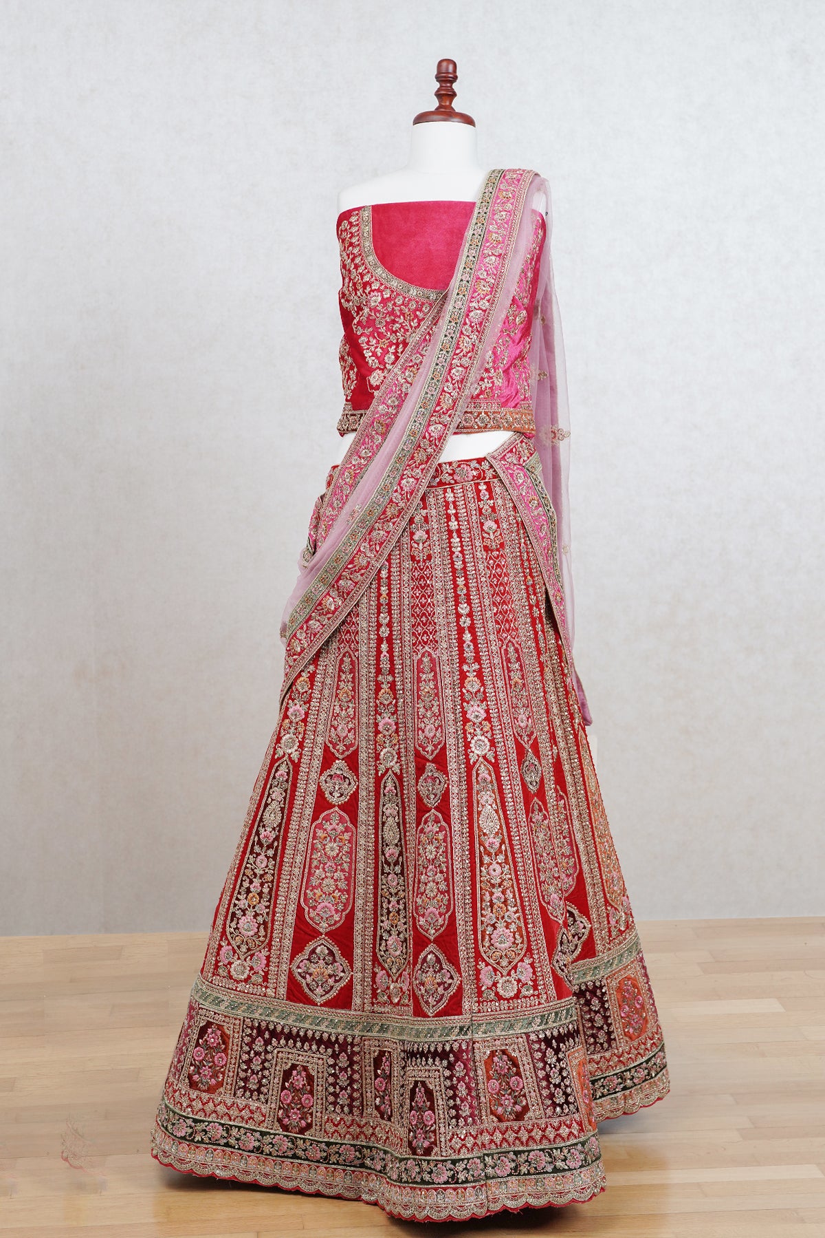 Red micro velvet lehenga