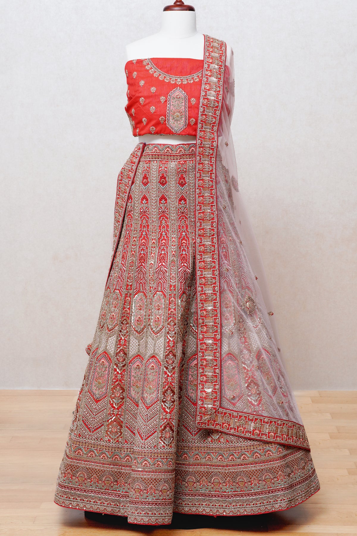 Red orange silk lehenga