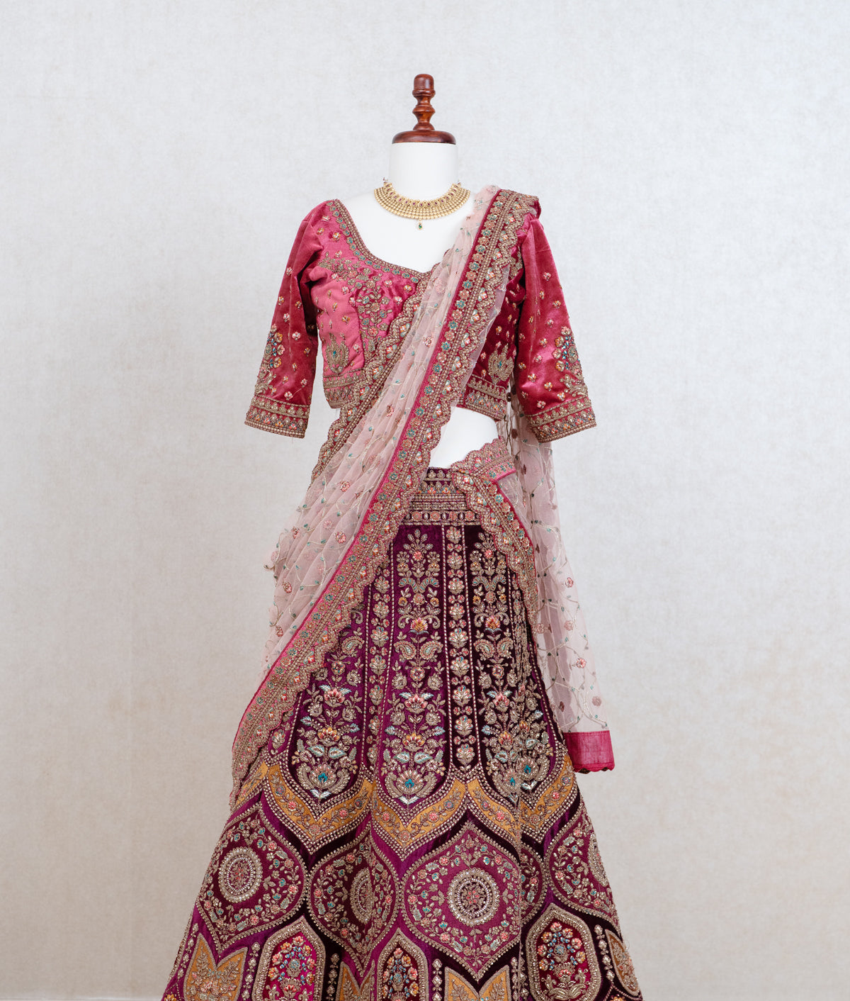 Wine colored micro velvet lehenga