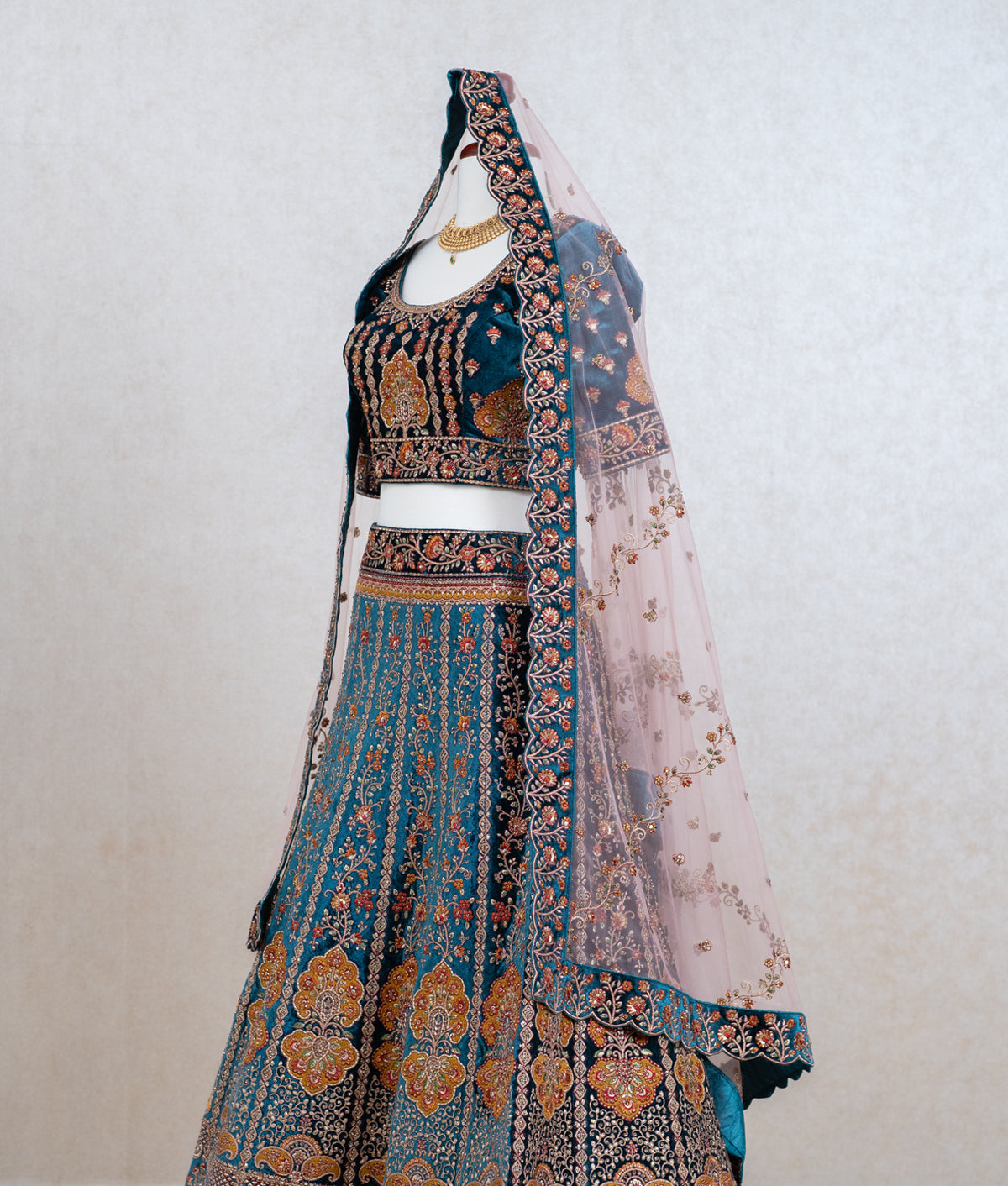 Teal blue micro velvet lehenga