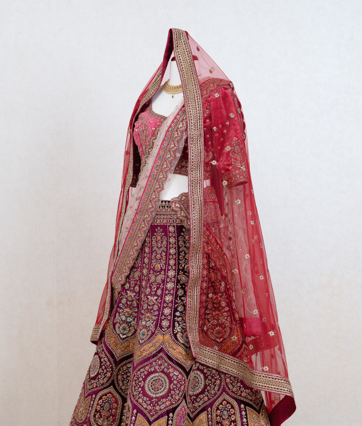 Wine colored micro velvet lehenga