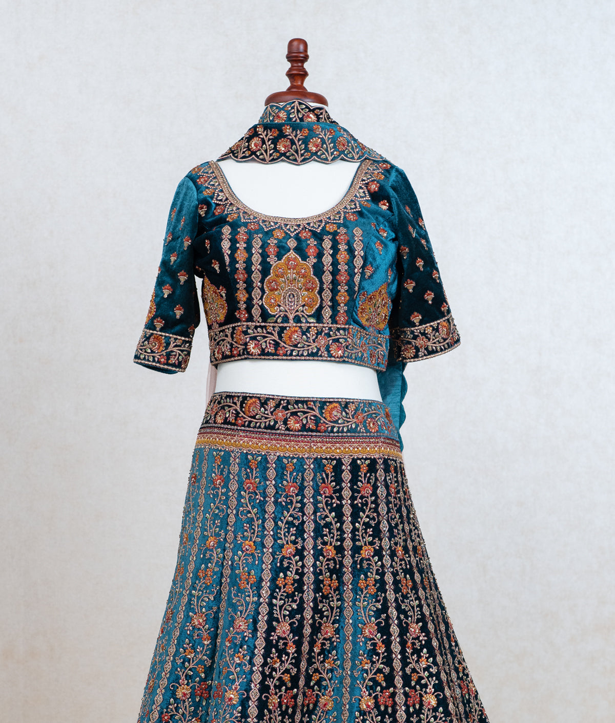 Teal blue micro velvet lehenga