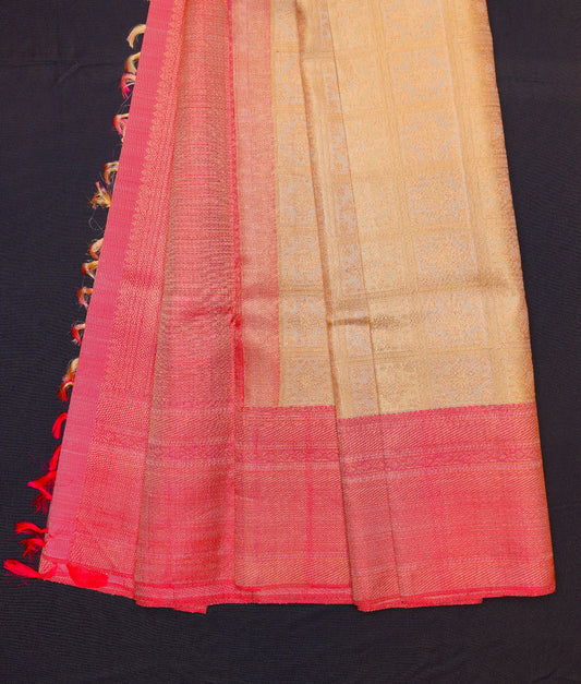 Cream color saree with pink border Kanchipuram saree