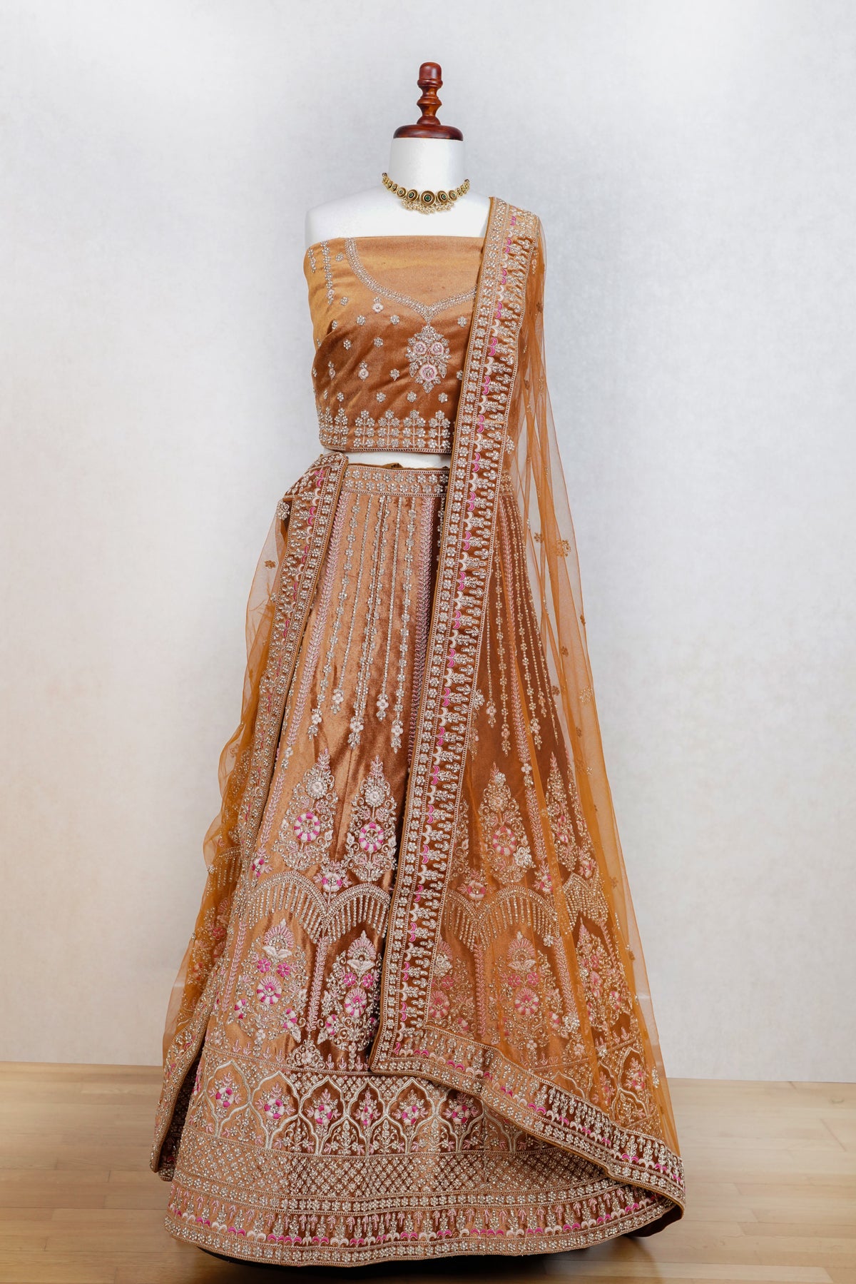 Golden yellow micro velvet lehenga