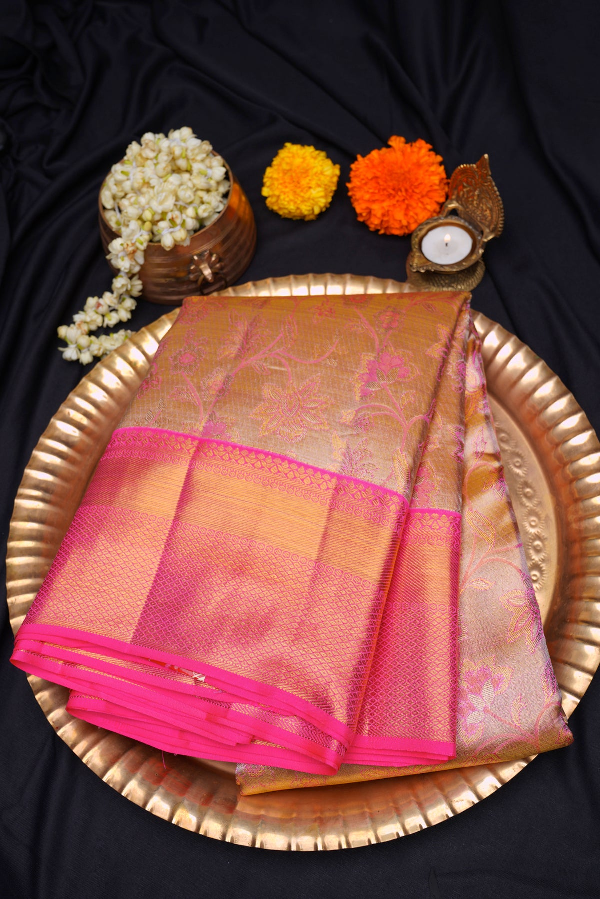 Golden kanchipuram saree with fluorescent pink border Lulu Celebrate