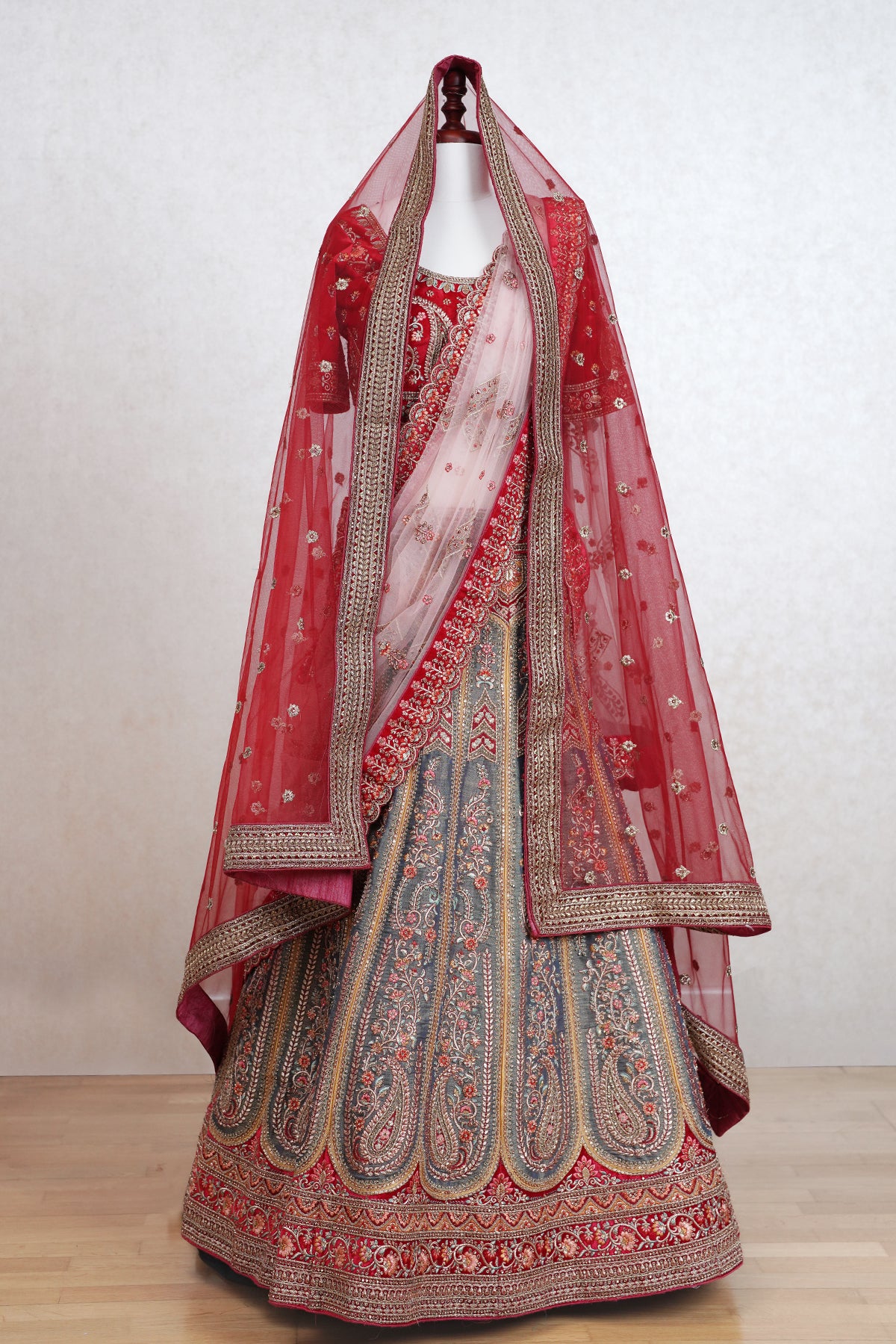 Red and sage green micro velvet lehenga