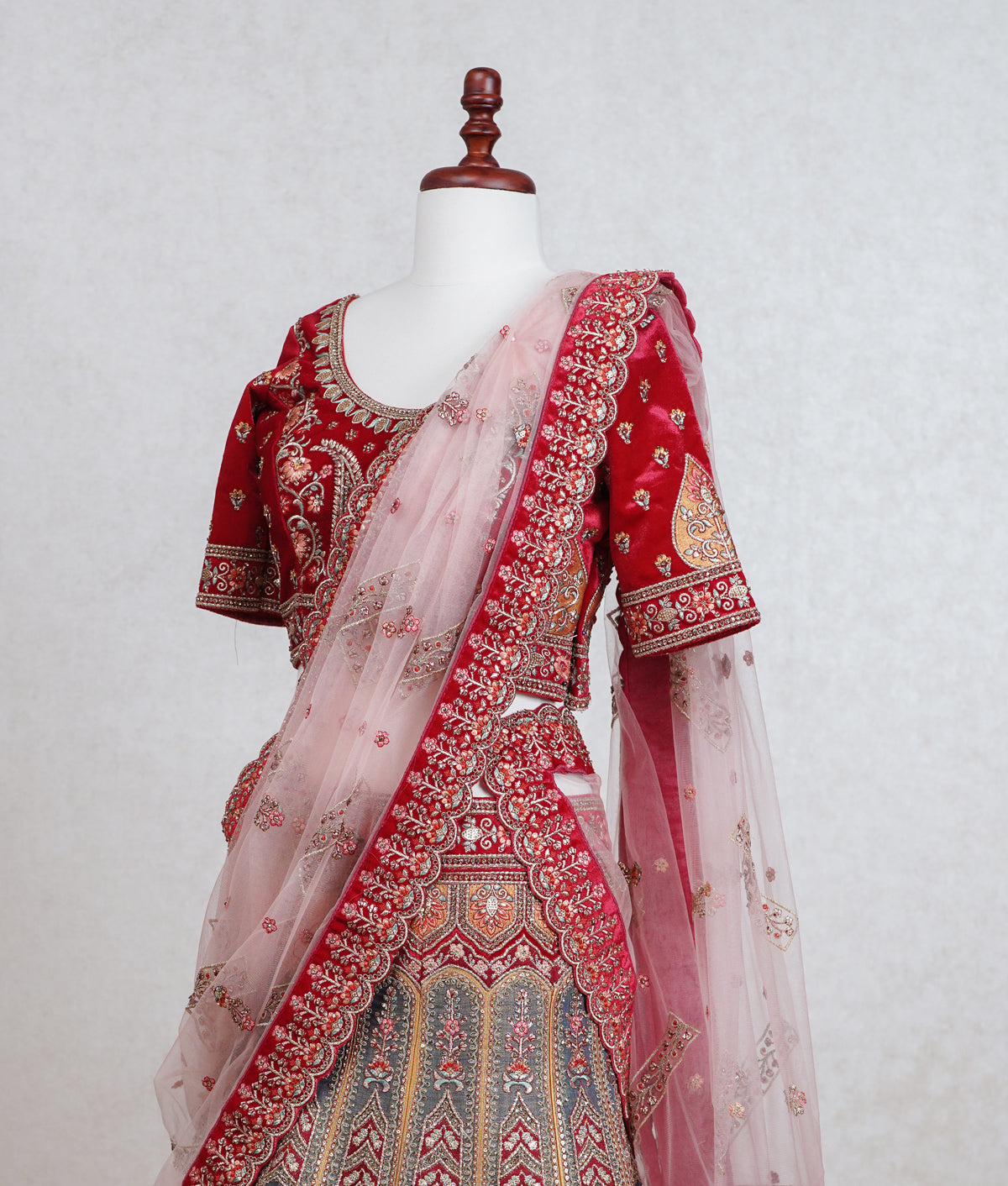 Red and sage green micro velvet lehenga