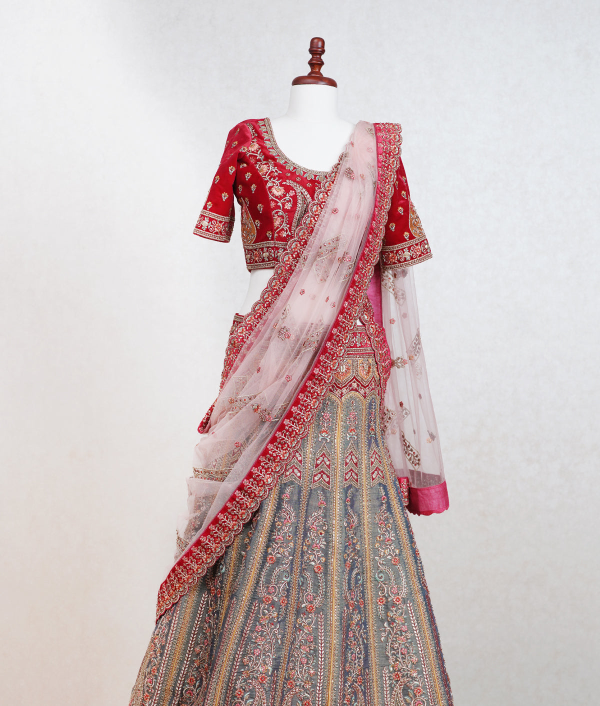 Red and sage green micro velvet lehenga