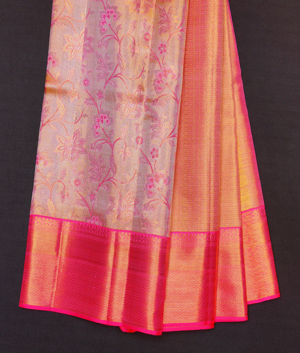 Golden kanchipuram saree with fluorescent pink border