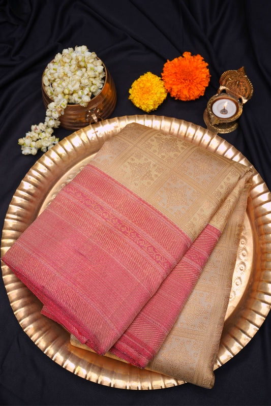 Cream color saree with pink border Kanchipuram saree