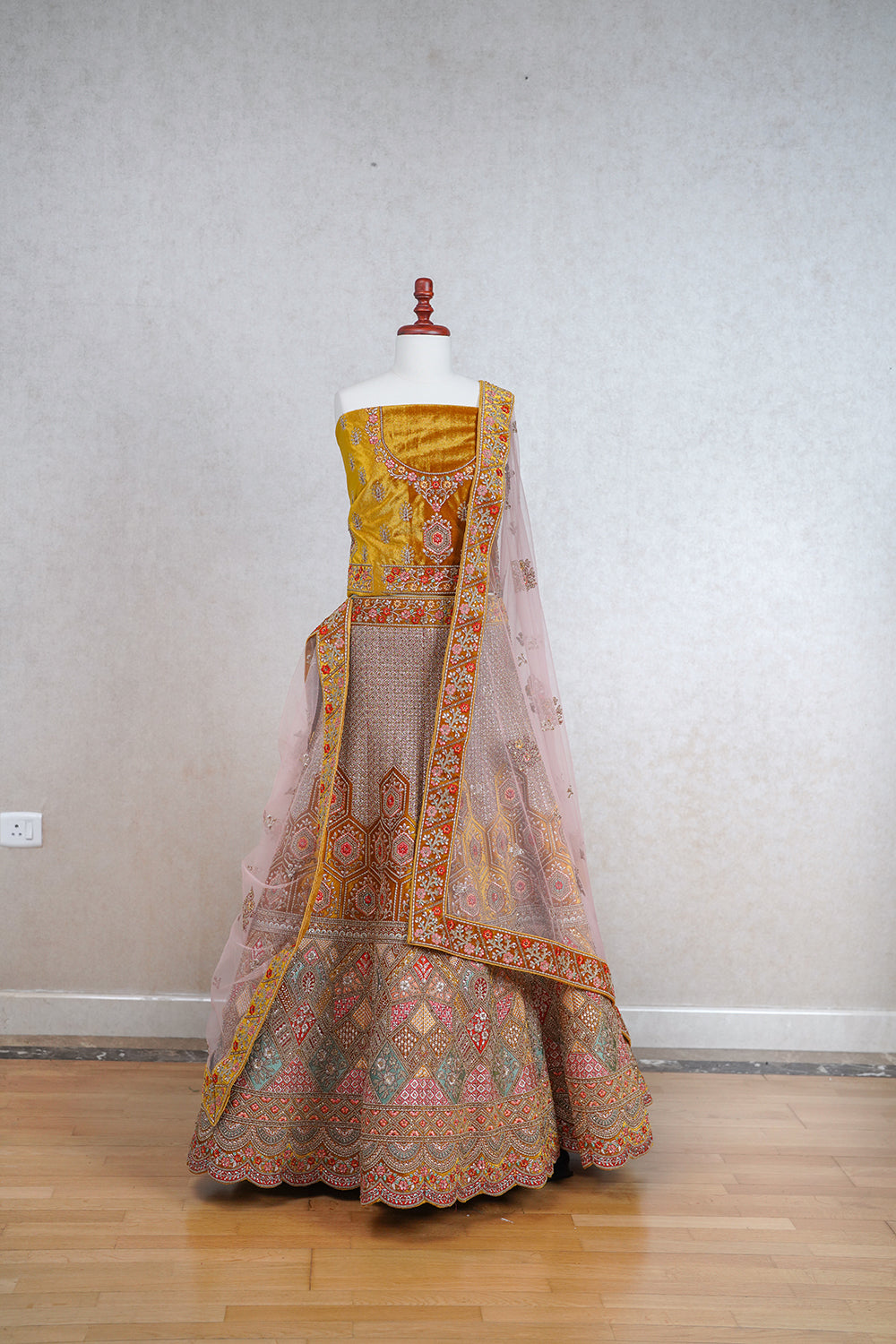 Mustard yellow micro velvet lehenga