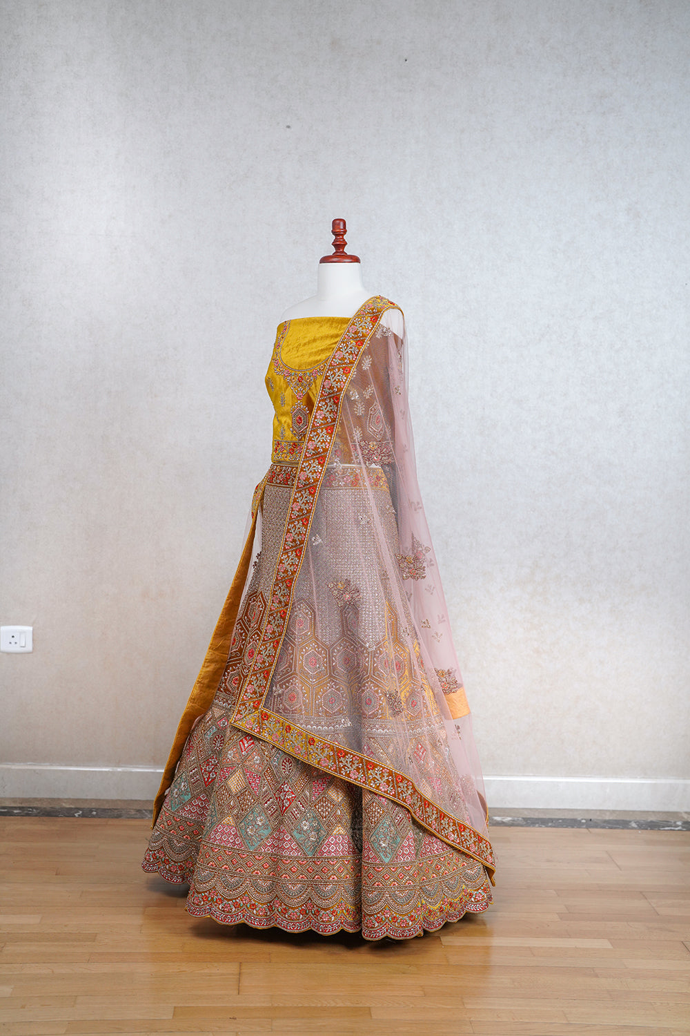 Mustard yellow micro velvet lehenga