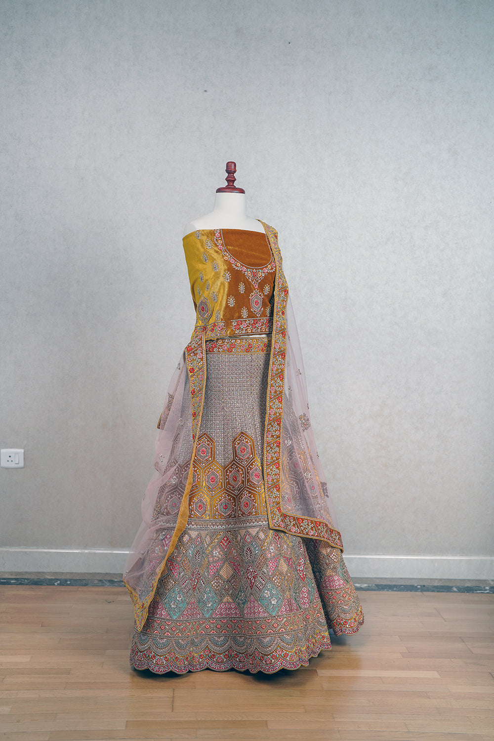 Mustard yellow micro velvet lehenga