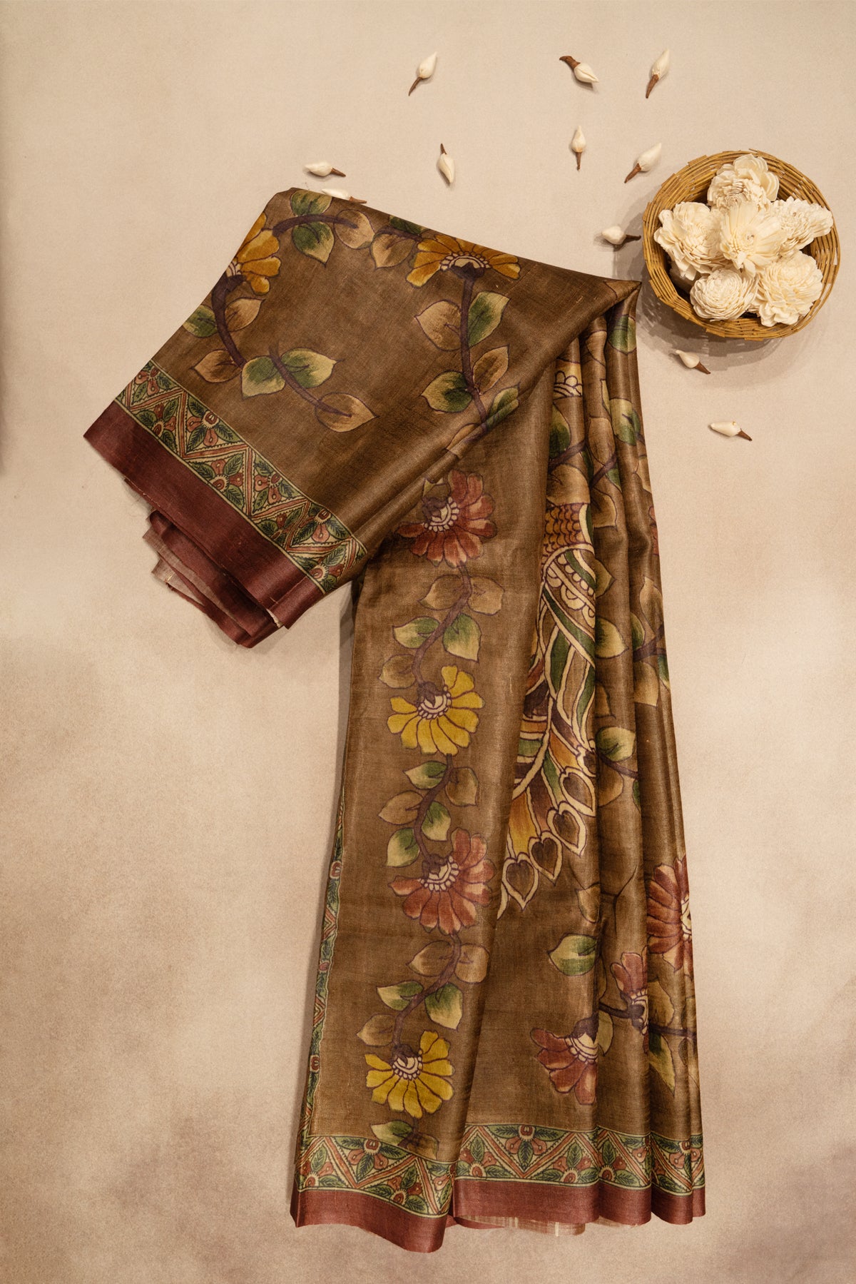 Brown tusser silk saree with maroon border