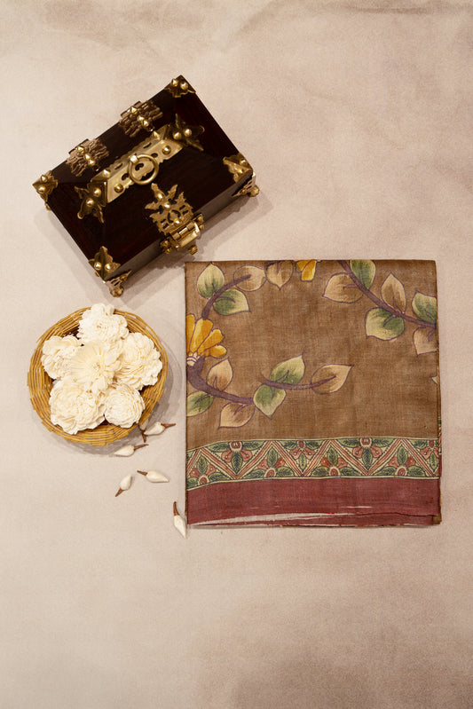 Brown tusser silk saree with maroon border