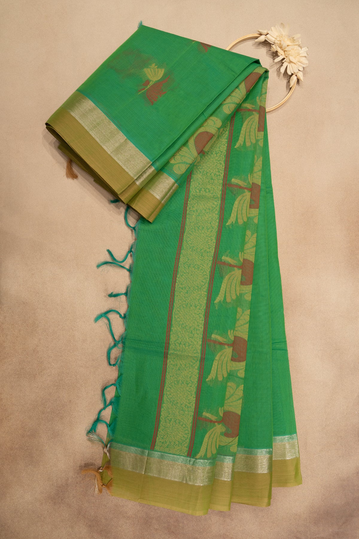 Green cotton saree with golden boarder
