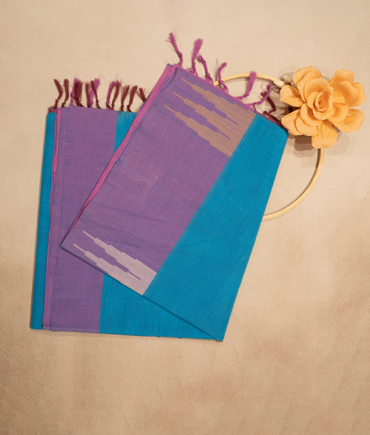 Blue Coloured Cotton Saree With Purple Boarder