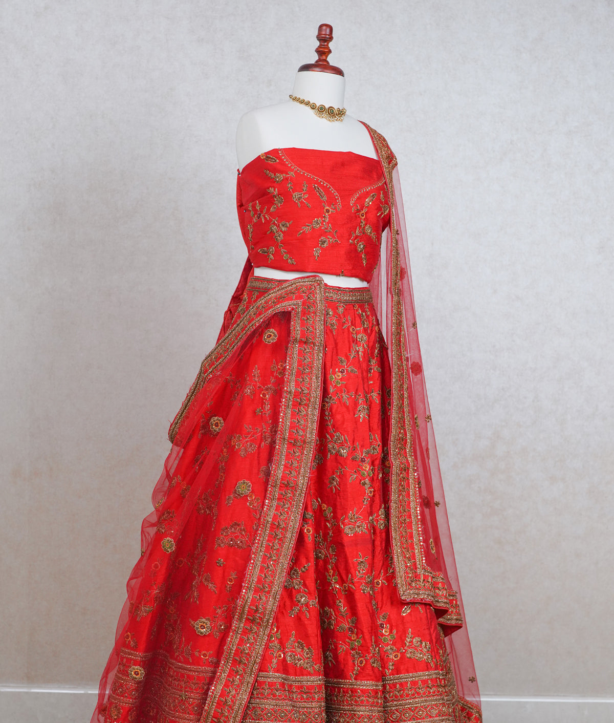 Red orange raw silk lehenga