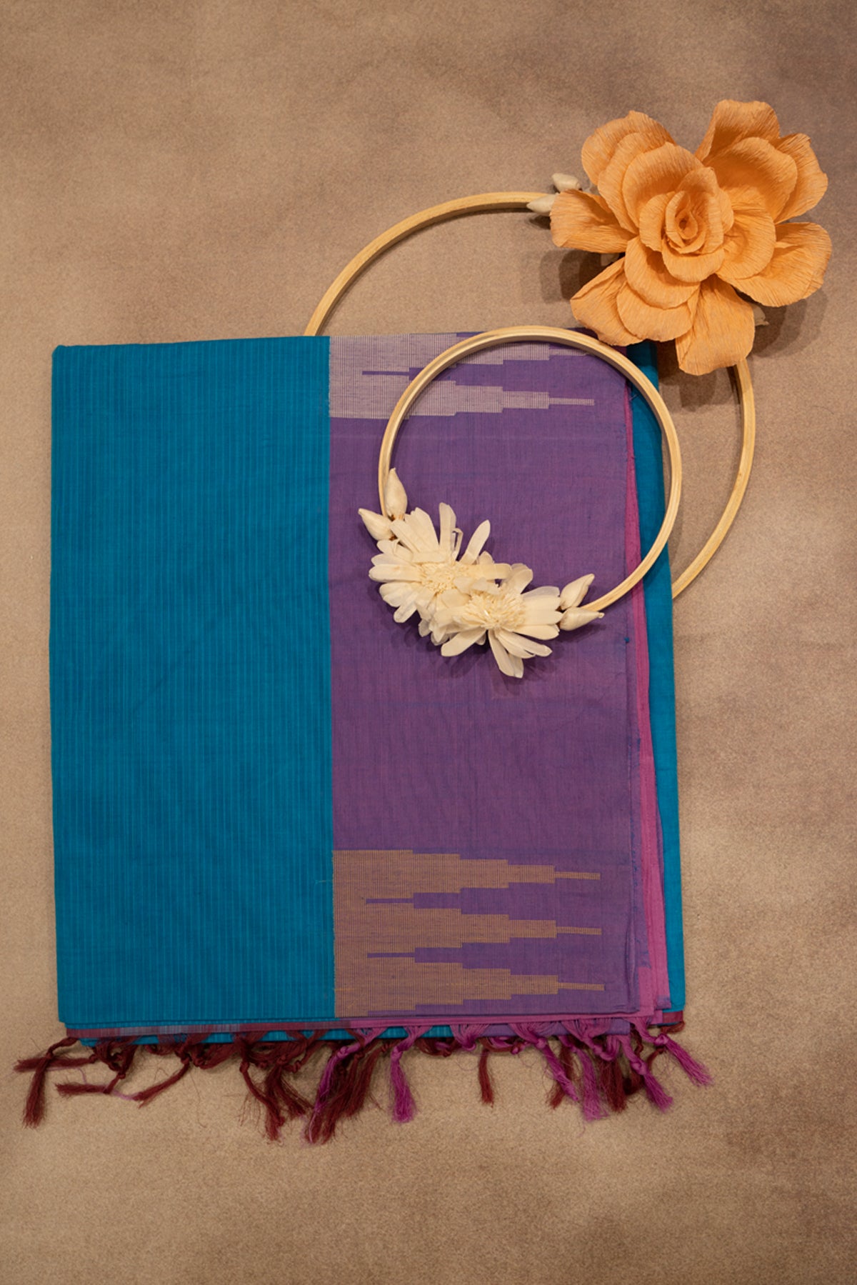 Blue Coloured Cotton Saree With Purple Boarder