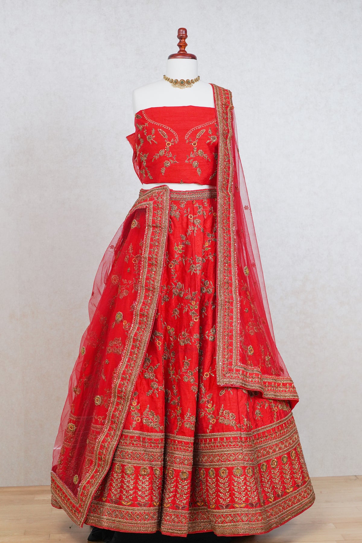 Red orange raw silk lehenga