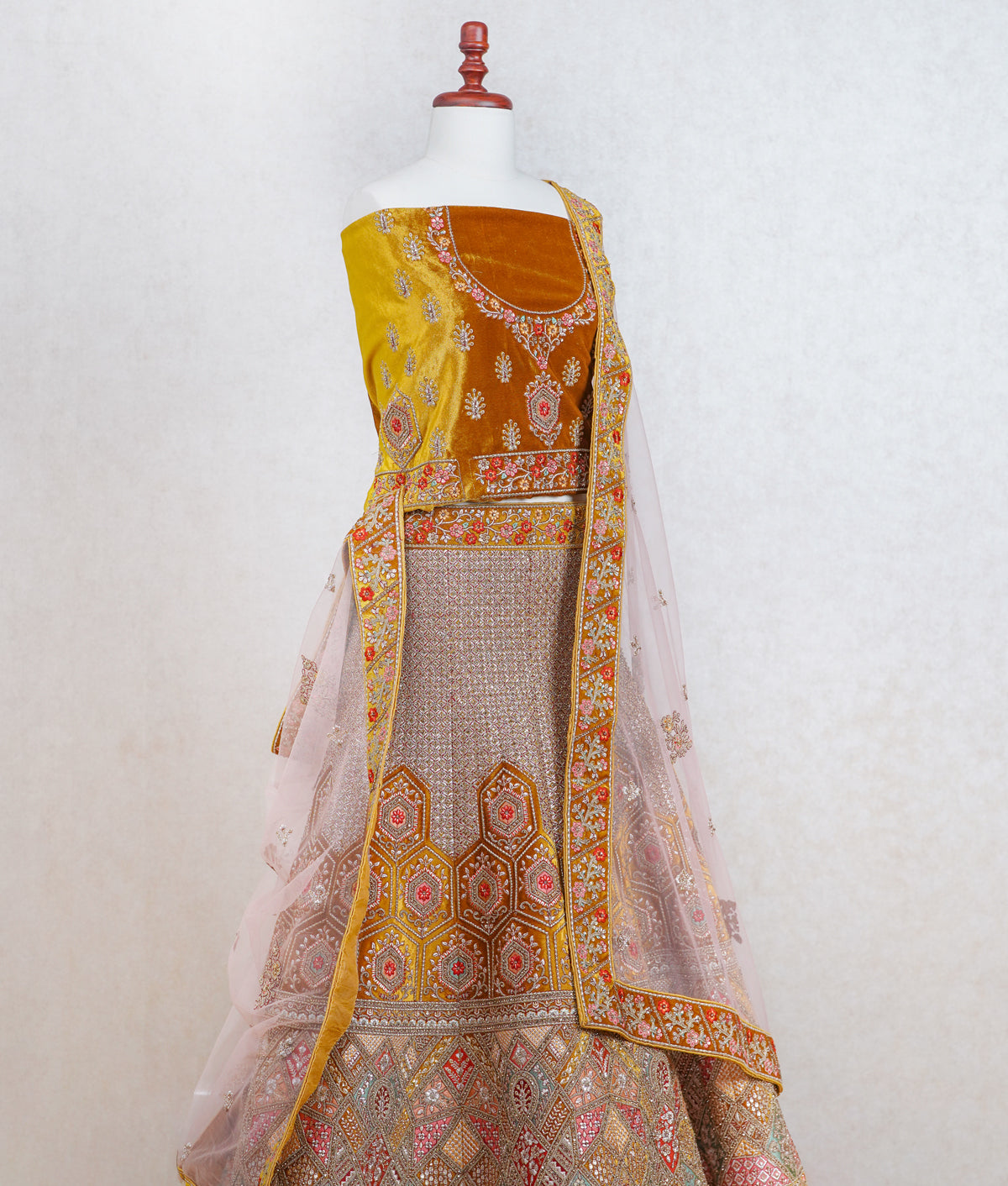 Mustard yellow micro velvet lehenga