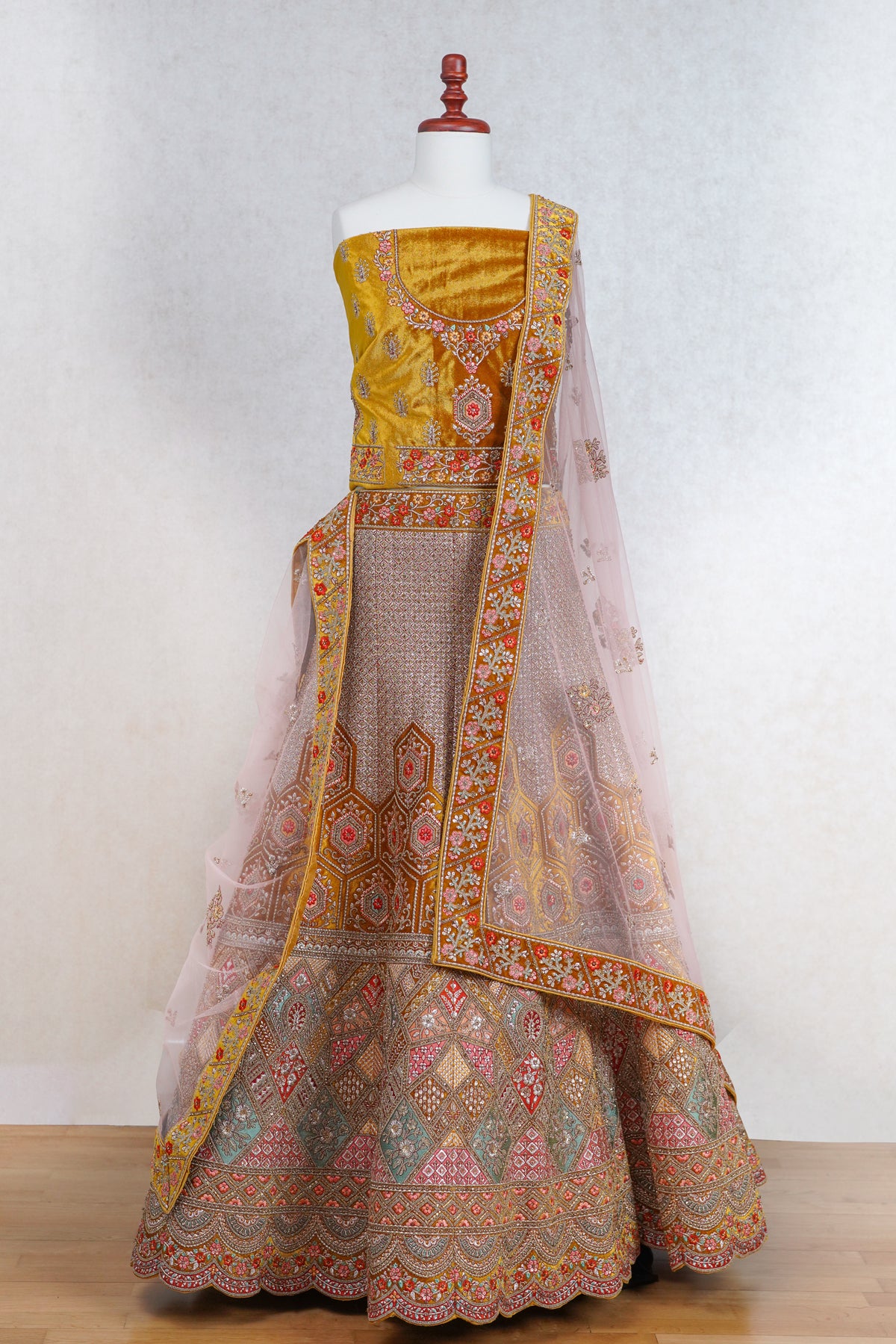 Mustard yellow micro velvet lehenga