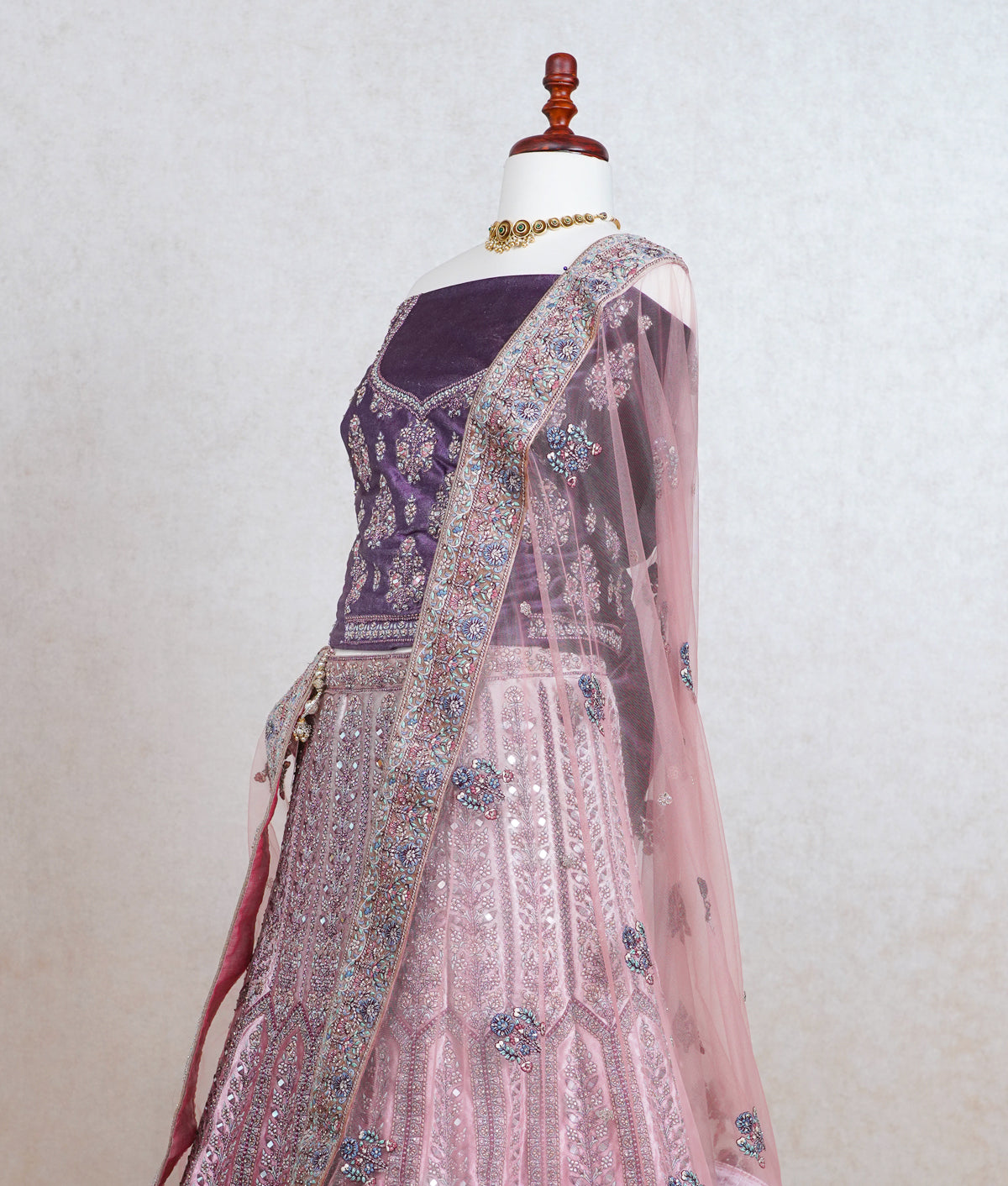 Light pink and lavender organza lehenga