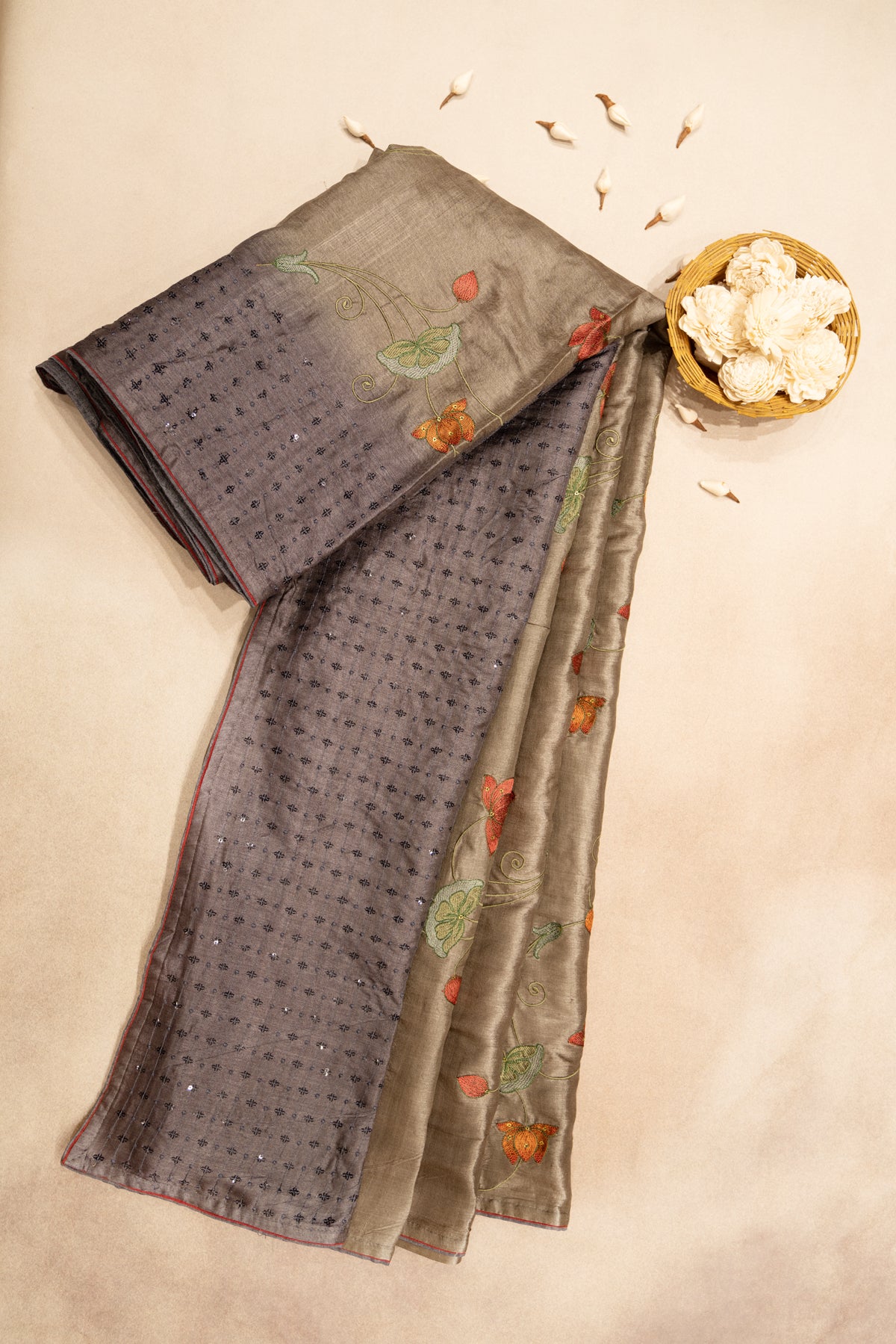 Grey tussar silk saree with mauve lavender border