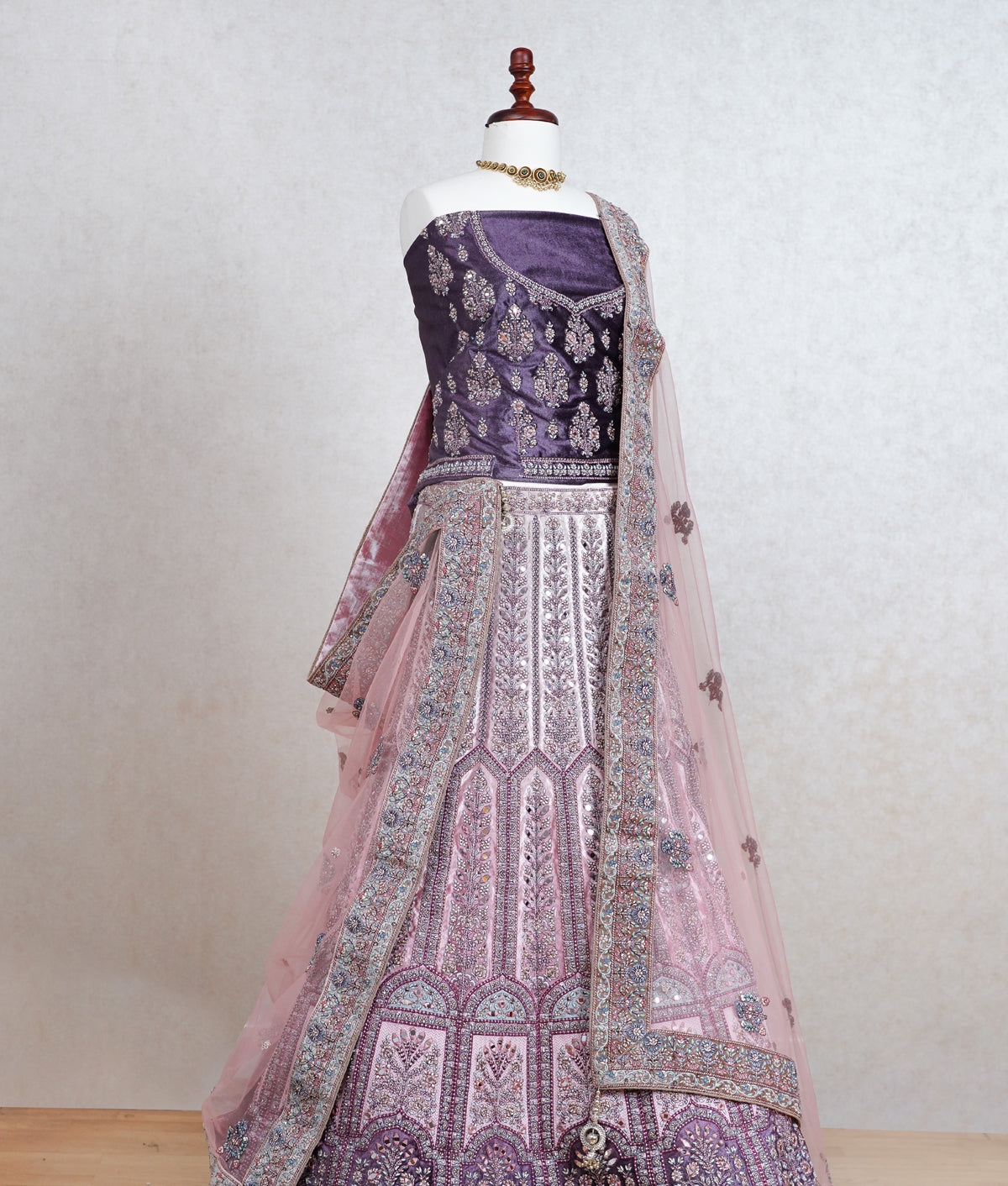 Light pink and lavender organza lehenga