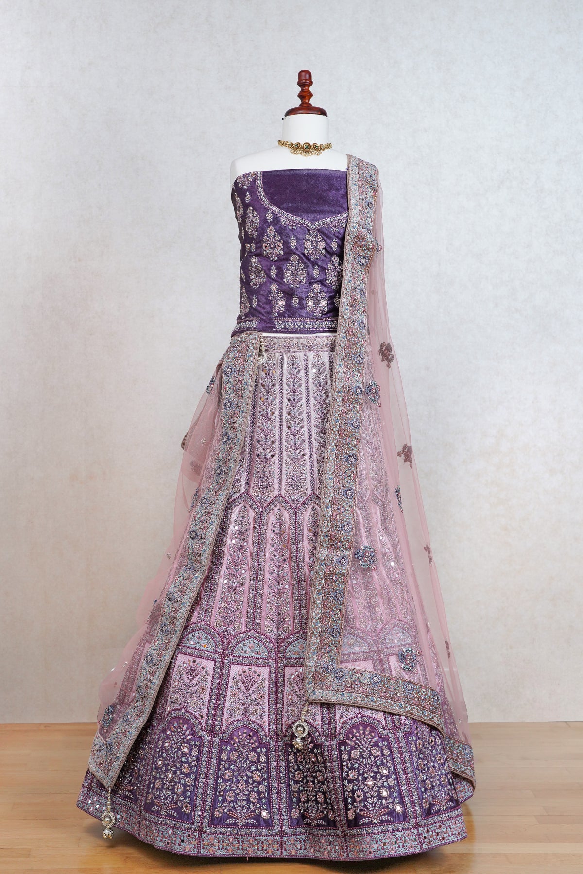 Light pink and lavender organza lehenga