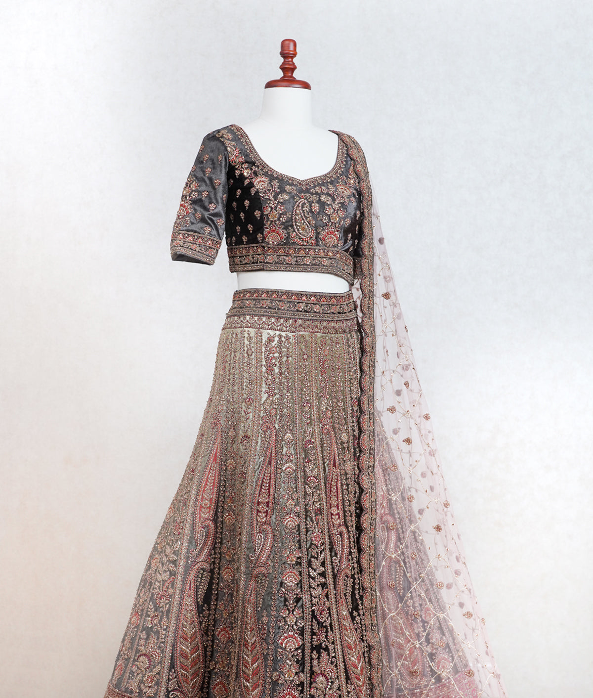 Smokey green micro velvet lehenga